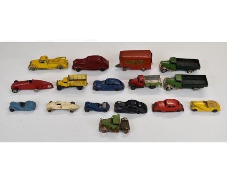 Fifteen vintage tin plate and diecast model cars to include Lehmann Gnom, Tootsietoy, Dinky and Tri-ang