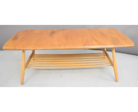 Ercol light elm mid century modern coffee table with slatted undershelf, W105 x D46 x H37cm