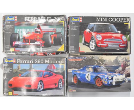 Four Revell and Hasegawa 1:24 scale plastic model car kits to include Ferrari 360 Modena 07388 and Lancia Stratos HF 20217, i
