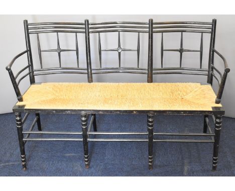 Ford Maddox Brown for Morris and Co Arts &amp; Crafts three seater 'Sussex' settle, sofa or bench with ebonised cruciform des