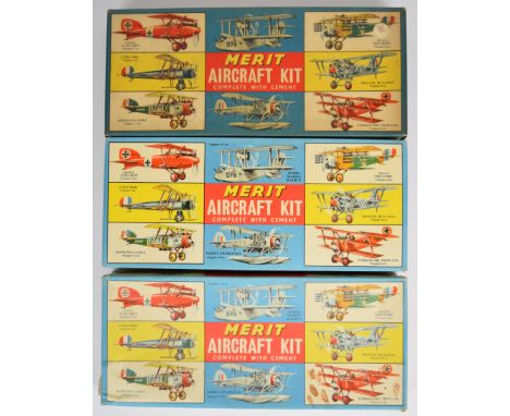 Three Merit 1:48 scale plastic model aircraft kits comprising German Albatros, D.H.2 Biplane and Sopwith Camel, all in origin