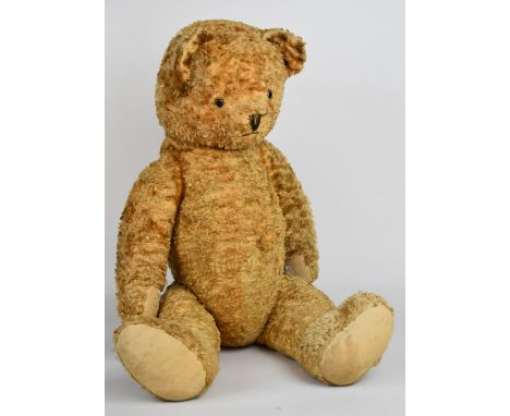 A large vintage Teddy bear with golden mohair, straw filled body, disc joints, cloth pads and stitched features, height 80cm.
