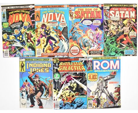 Seven Bronze Age Marvel comics comprising Son of Satan #1, #2, Battlestar Galactica #1 (signed Bob Mcleod), Rom Spaceknight #