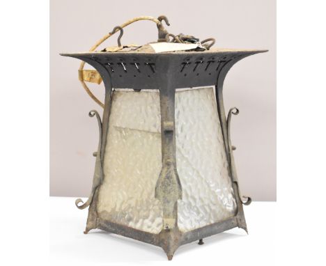 Arts &amp; Crafts wrought iron hanging lamp, probably late 19th/20thC, W33 x D33 x H43cm