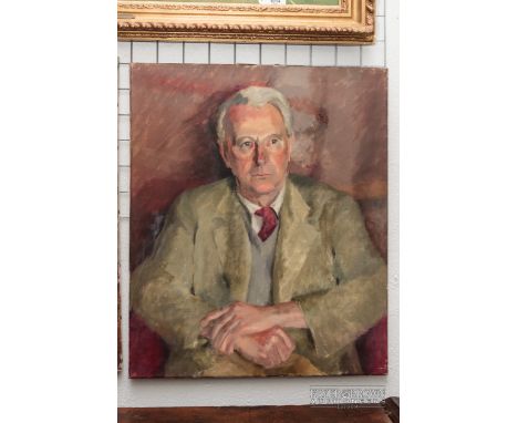 Gillian Whaite - portrait of a gentleman in suit and tie, oil on canvas, studio artist name mark to side, 50.5 x 61.5cm