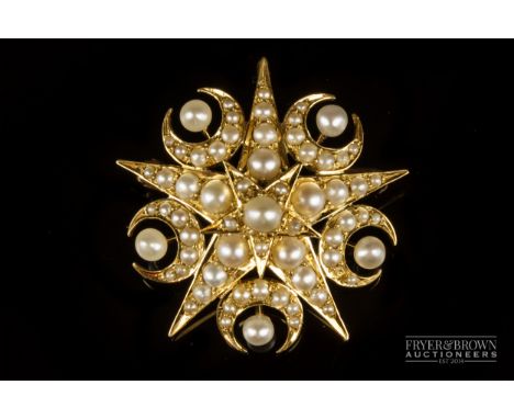 A Victorian split pearl, pearl, and 18ct yellow gold star pendant/brooch, in original West & Son, Dublin, leather case 