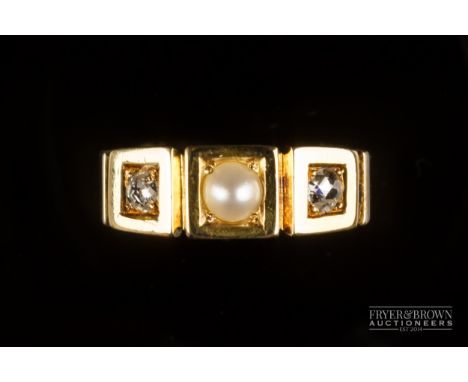 An antique 18ct gold split pearl and rose cut diamond three stone ring, c1890, set to the centre with a split pearl, box set,
