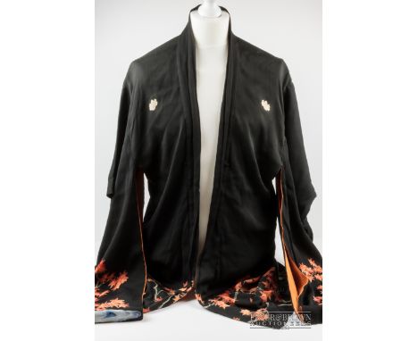 A vintage women's Japanese silk crepe haori/short kimono, the black crepe silk with pattern of red and green acer trees with 