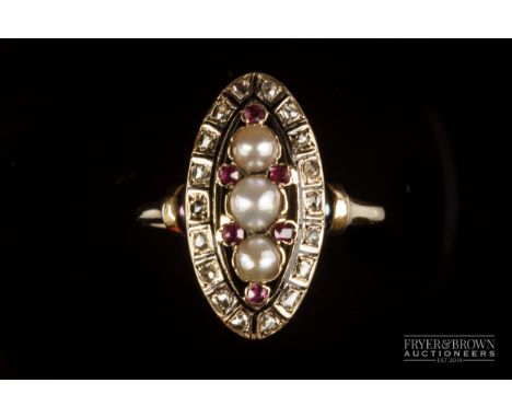 An antique split pearl and rose cut diamond navette shaped cluster ring with black enamel detail