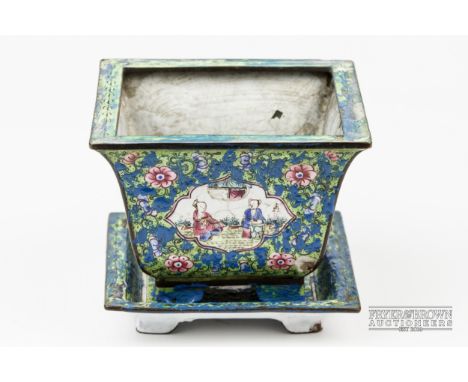 A small Chinese enamel penjing pot of shaped square form, raised on bracket feet, profusely decorated in tones of blue and gr
