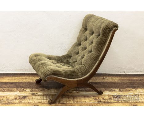 A mahogany X-frame button back slipper chair, upholstered in olive corduroy with metal thread detail, 72cm high max. approx. 