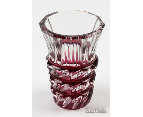 A Val St Lambert glass vase, ruby cut through to clear, original paper label, etched mark, 15cm high approx.