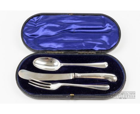 A silver christening set, comprising fork, spoon, and pistol grip knife, with monogram, London 1903-4, in fitted case, 88grs 