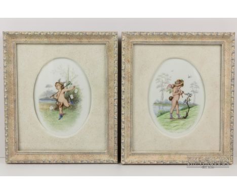 A pair of English porcelain oval plaques, probably Minton, signed L.G. Boullemier, painted in pale enamels with frolicking pu