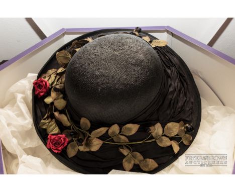 A John Oldham vintage straw hat, black, trimmed with red silk roses, in a Liberty hat box (2)