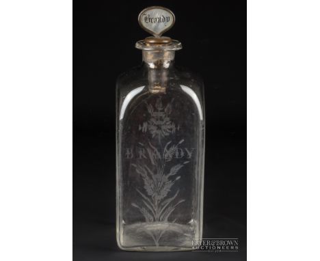 A Dutch glass decanter of square section, engraved with 'BRANDY' within grasses and flowers, c1790, the base metal stopper en