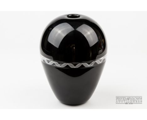 Mike Hunter, Twists Glass, 'Torsade' vase, two black incalmo sections joined by a white twisted filigree cane within colourle