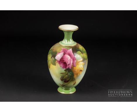 A Royal Worcester porcelain vase, signed A. Hood, shape no. H302, painted with roses between pea green borders, c1909, 16.5cm