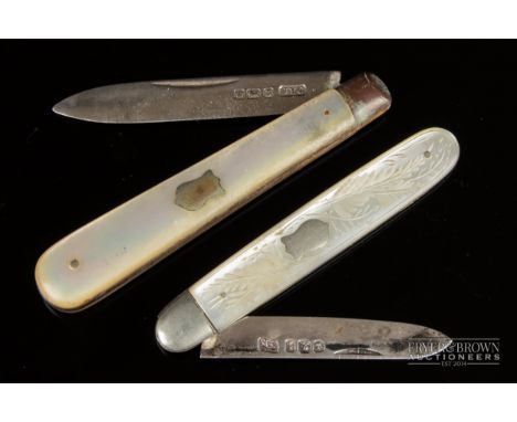 Two silver bladed mother of pearl pen knives of small proportions, both with vacant cartouches, makers marks JYC and JF, Shef