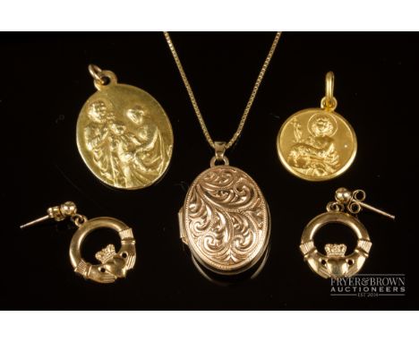 A small seed pearl and gold longchain; and various 9ct gold pendants, approximate weight of gold 12grs 