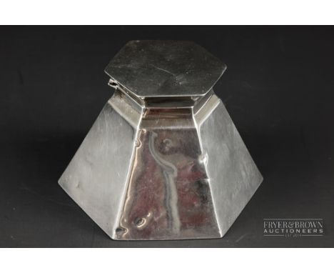 An Art Deco capstan form silver inkwell of hexagonal section, marks worn