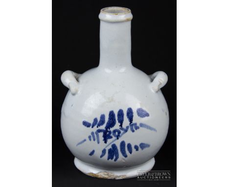 A Dutch Delft two-handled flask, painted in blue, 17.5cm high approx.