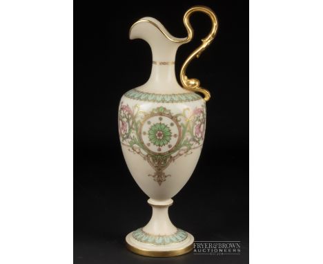 A Royal Worcester porcelain ewer, signed H. Price, painted with a roundel of fruit within a foliate scroll band of pale ename
