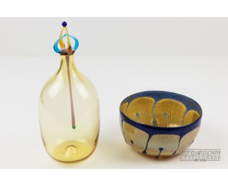 A Murano glass perfume flask, signed V. Nason, amber with multicoloured dropper, 23cm; and an iridescent glass bowl formed as