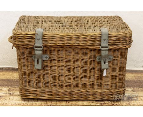 A wicker laundry hamper with calico lining and metal fastenings, 78cm approx.