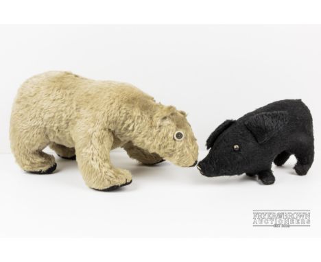 A vintage mohair polar bear toy, double button eyes; and a mohair black pig with boot button eyes (2)