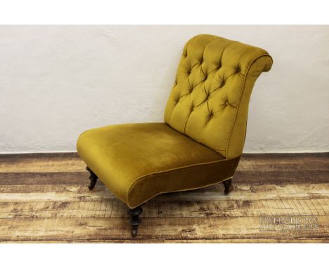 A mahogany frame button back slipper chair, turned baluster front legs, upholstered in mustard velour, 73cm high max. approx.