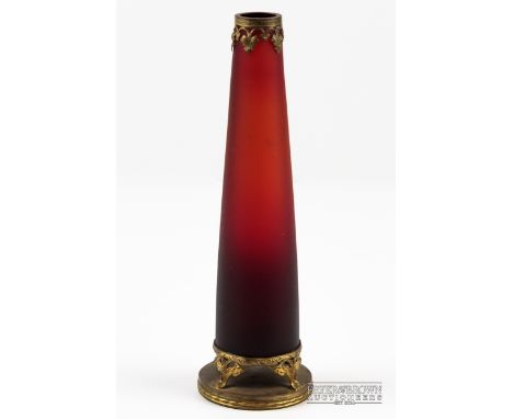 A French graduated frosted ruby glass bud vase, with ormolu style mounts, c1880, 23cm high