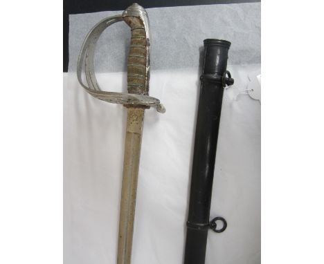 An  Infantry Officer's Sword,lightly curved blade, engraved with GR cypher by Parfitt in steel scabbard. Evidence of being re