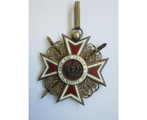 Romania,Order of the Crown, Commander's neck badge with swords, type I. The grip of one sword absent, otherwise some enamel d