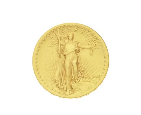 U.S.A.,Twenty Dollars, 1907 High Relief, Liberty standing, Roman numerals, R.Eagle flying left, Wire Rim (KM#126).  Some ligh