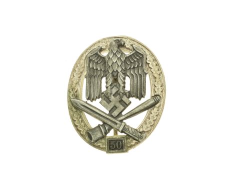 Germany,WW2 General Assault badge for 50 engagements. With RK in relief for Rudolf Karneth on reverse with tapered pin. With 