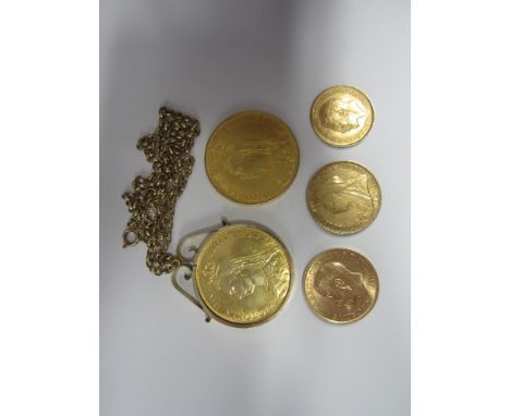 British Coins,Two Pounds, 1887 (2); Sovereigns, 1901, 1915. Half Sovereign, 1914.  The first in removable mount with necklace