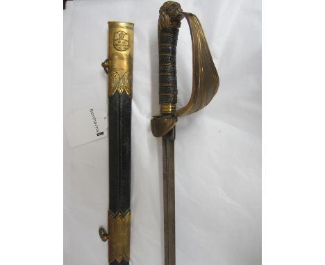 A Victorian Naval Officer's Sword,with slight curved blade engraved by W.Adams Plymouth. With gilt metal and leather scabbard