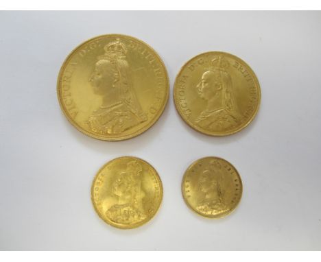 Victoria,Five Pounds, Two Pounds, Sovereign and Half Sovereign. All 1887 issues.  With some light contact marks and edge brui