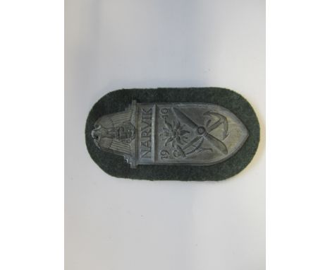 Germany,WW2 Narvik Shield, on grey backing with paper reverse still present. Very light corrosion to head of eagle, otherwise