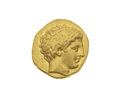 Philip II, 359-336 BC,Av stater, 8.63g. Obv. Laureate head of Apollo r with short hair, R.Galloping biga driven by charioteer