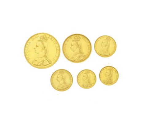 Victoria,Five Pounds, Two Pounds, Sovereign (2), Half Sovereign (2), all 1887 issues. In case for display.  Generally very fi