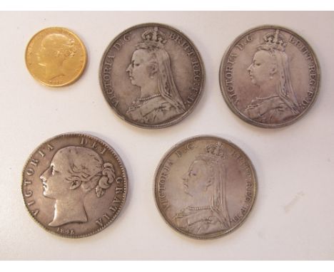 Victoria,Sovereign, 1872. Crowns, 1845, 1887 (2), 1891.   Generally fine or better. (5)This lot is subject to the following l