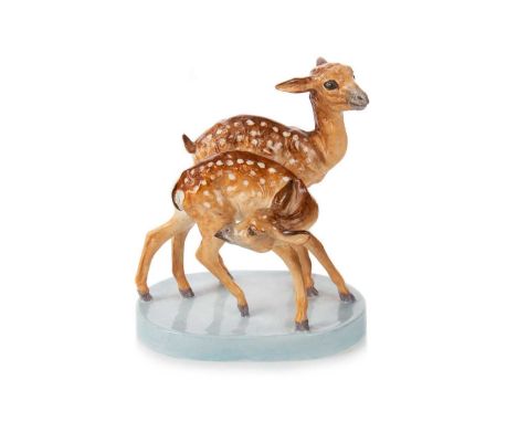 DORIS LINDNER FOR ROYAL WORCESTER, YOUNG SPOTTED DEER, printed puce marks, on oval base11.1cm wide Condition is good overall,