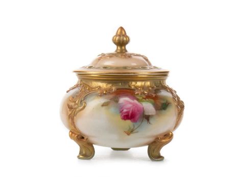 ROYAL WORCESTER BLUSH IVORY POT POURI DISH AND COVER, NO. 183 decorated with flowers amongst foliage, raised on scroll feet, 