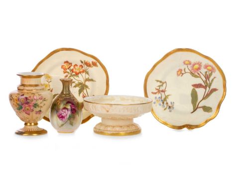ROYAL WORCESTER VASE, AND A GROUP OF ROYAL WORCESTER BLUSH IVORY ITEMS of shaped ovoid form, decorated with roses, bearing si