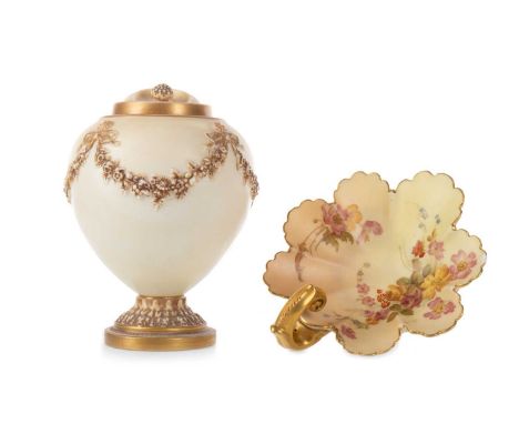 WORCESTER, BLUSH IVORY VASE, AND A ROYAL WORCESTER PIN DISH, with circular cover, decorated with draped floral swags, purple 