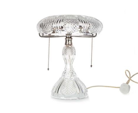 CRYSTAL MUSHROOM TABLE LAMP, MID-LATE 20TH CENTURY of large proportions, the domed circular shade on three plated cast metal 