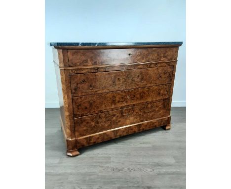 FRENCH MARBLE TOPPED BURR WALNUT COMMODE CHEST, LATE 19TH CENTURY with canted corners, with four long drawers, on pad feet97c