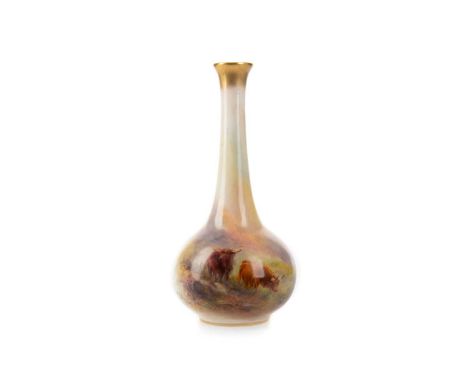 HARRY STINTON FOR ROYAL WORCESTER, BOTTLE VASE, CIRCA 1929 both hand painted with highland cattle in naturalistic settings, p